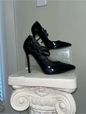 Black Patent Pointed-Toe Mary Jane Stiletto Pumps